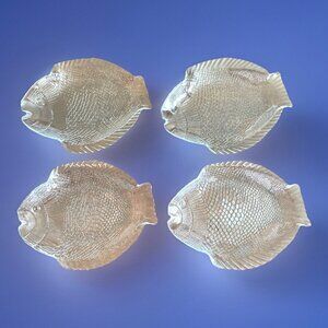Vintage Turkish PASABAHCE Glass Fish Dinner Plates 10.25 X 8"  Signed Lot Of 4